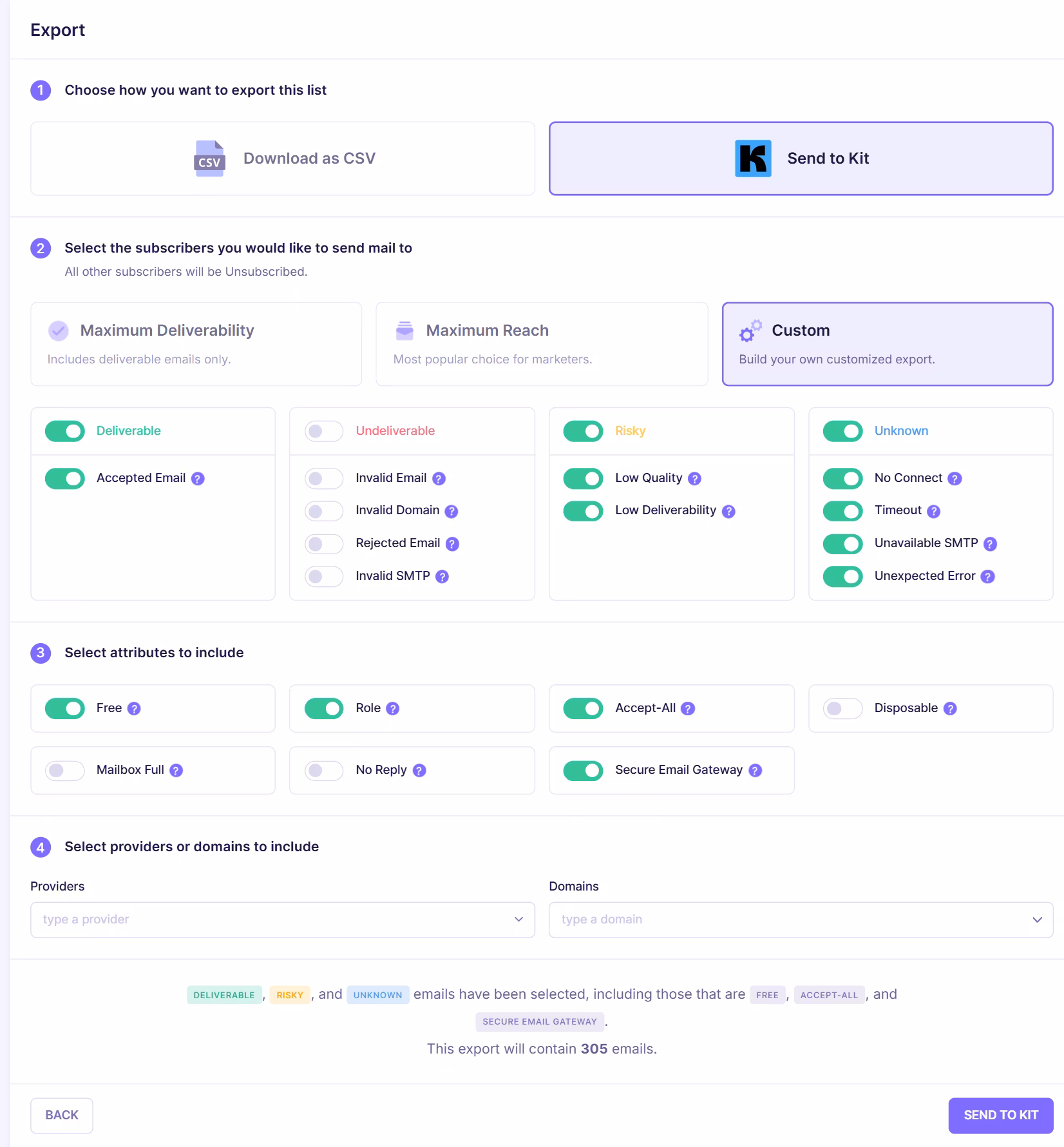 Export configuration screen allowing users to send verified emails to Kit with filtering options for deliverable, risky, and unknown categories.