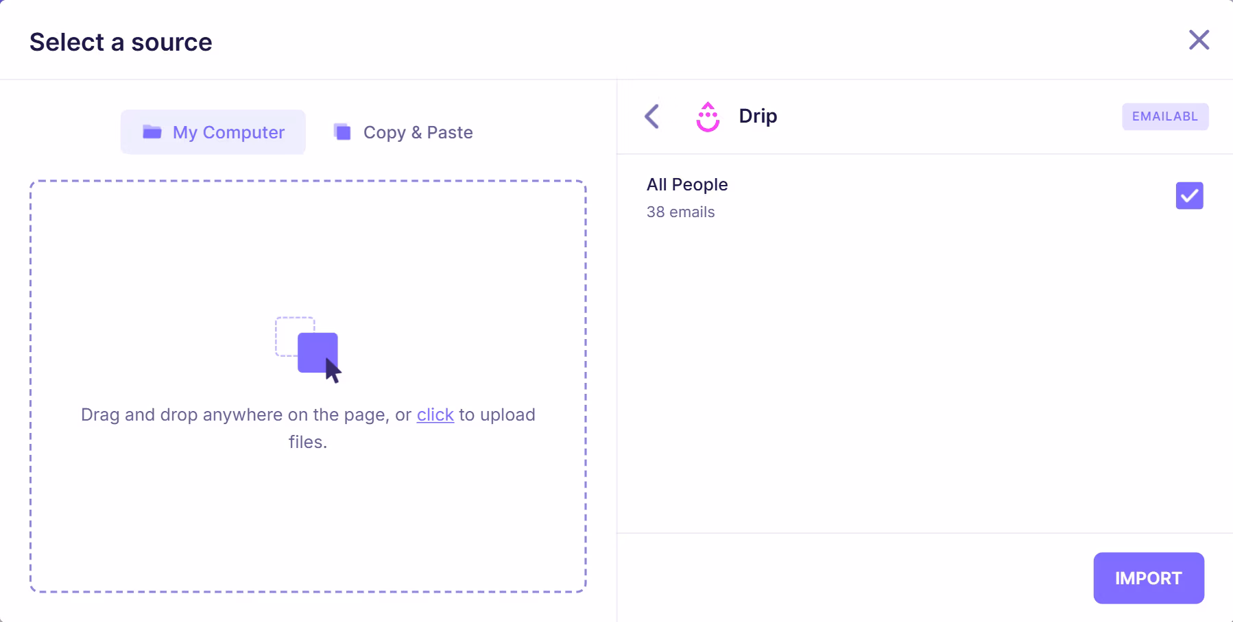 Drip subscriber list displayed in email verification tool showing “All People” with total email count available for import.