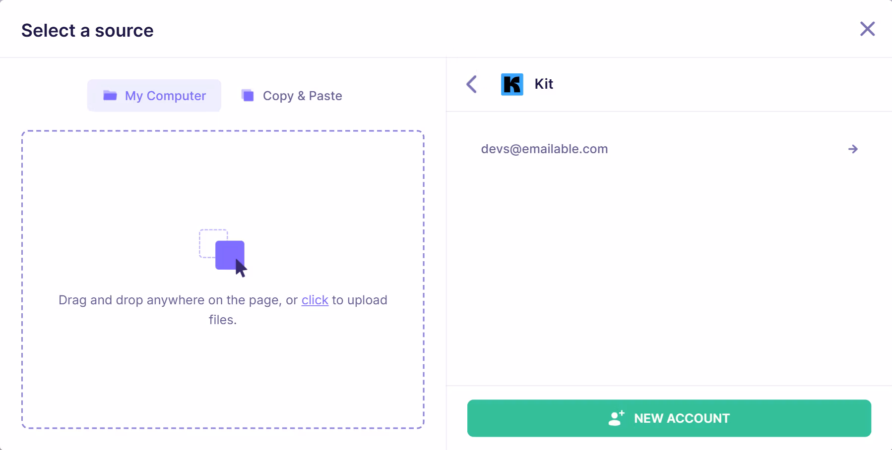 Connected Kit account displayed in email verification tool showing account email with option to add a new integration account.