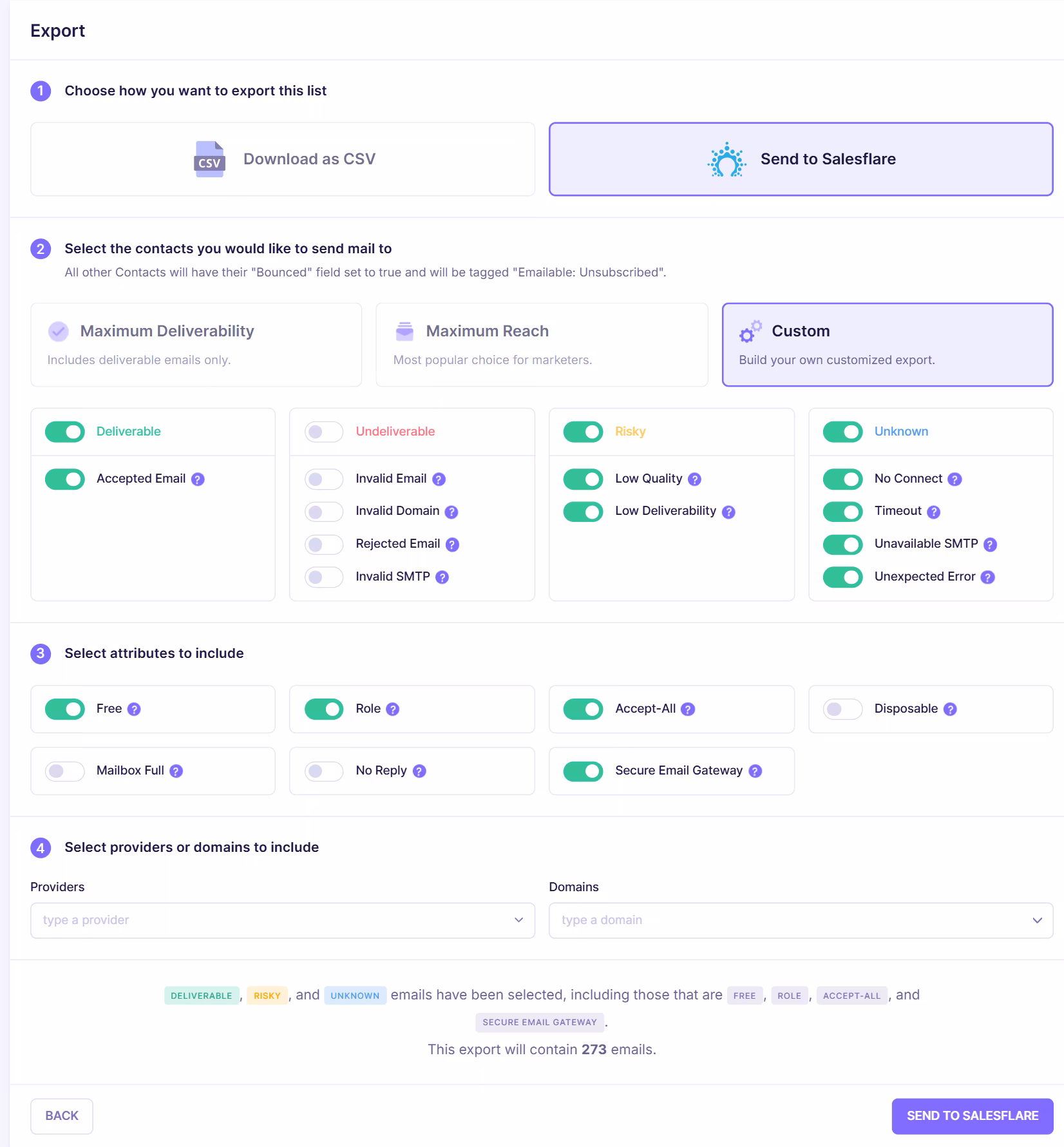 Export configuration screen allowing users to send verified contacts back to Salesflare with filtering options, attributes selection, and export summary.