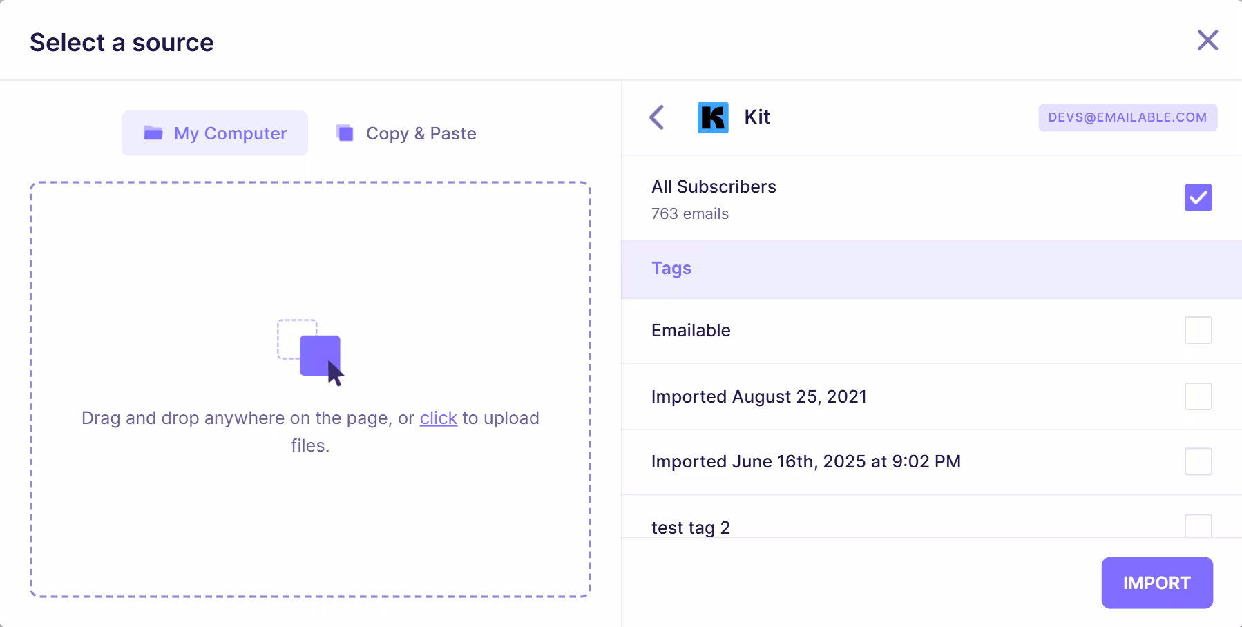 Kit (Klaviyo) subscriber lists displayed in email verification platform, including “All Subscribers” and tagged segments available for import.