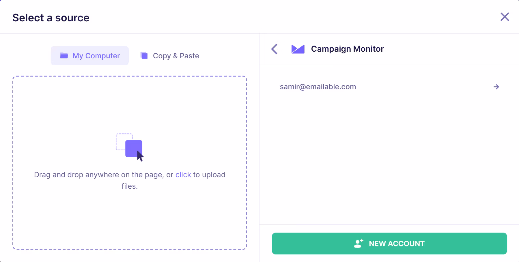 Emailable integration screen displaying a connected Campaign Monitor account with the user email and option to add a new account.