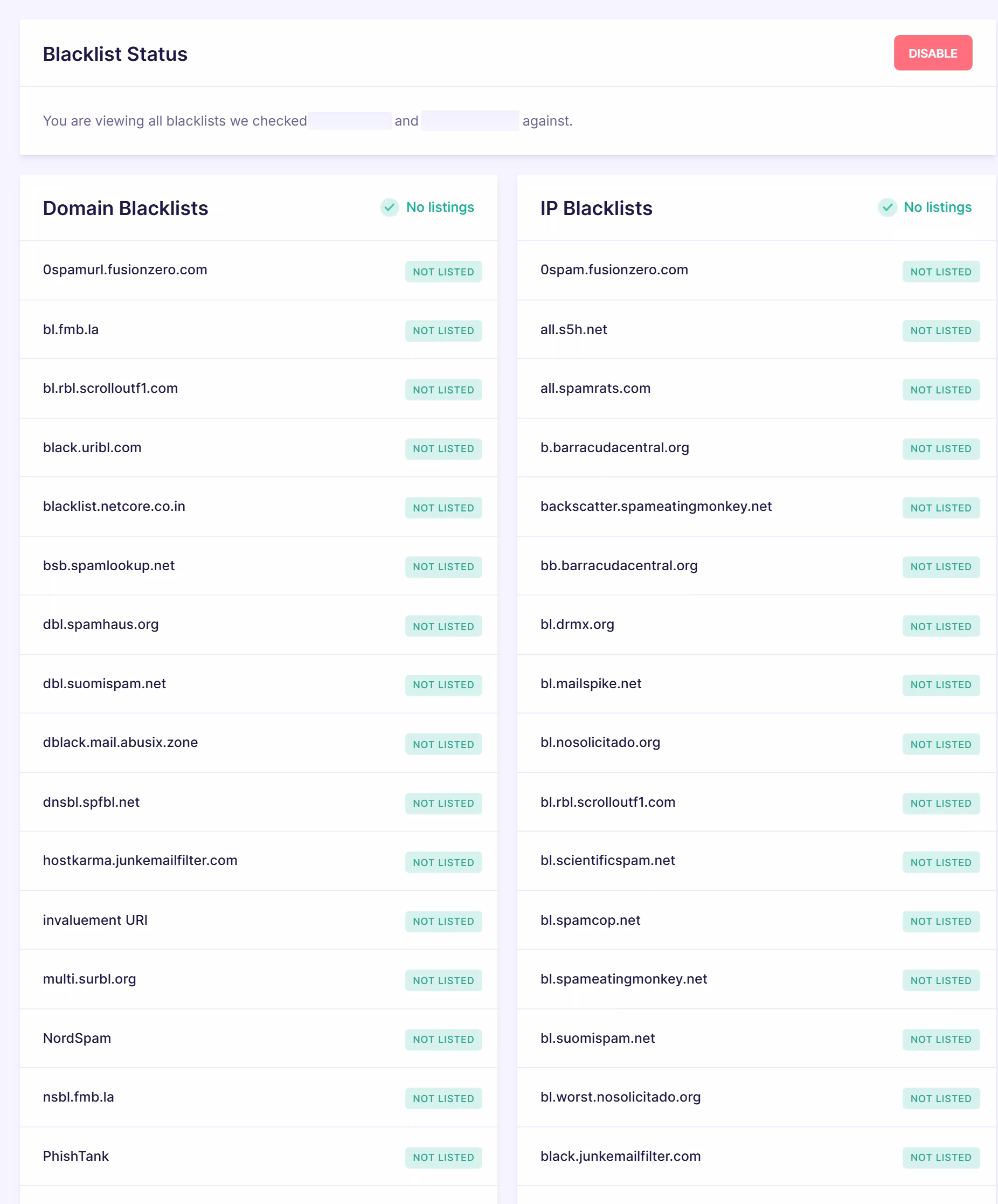 Detailed blacklist status report in Emailable showing domain and IP blacklist checks across multiple providers, all marked as not listed with clean reputation status.