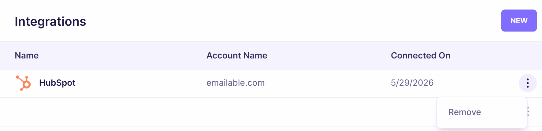 Emailable integrations settings page showing a connected HubSpot account.