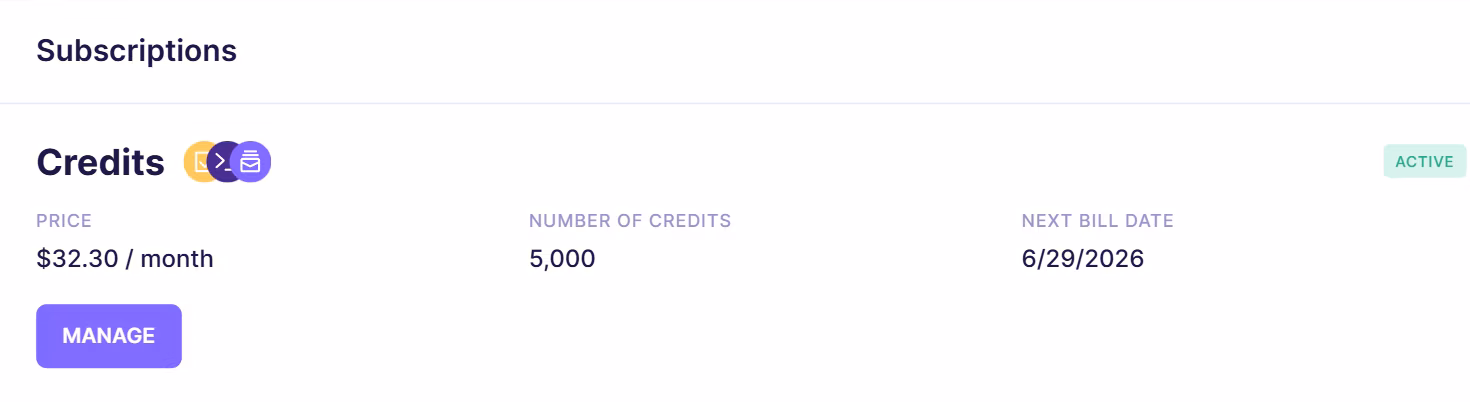 Emailable subscriptions dashboard displaying active credits plan with monthly price, total credits available, next billing date, and manage subscription button.