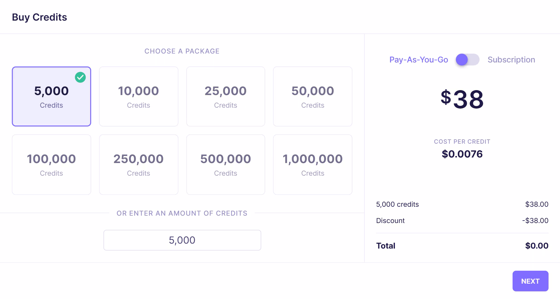 Buy Credits page showing selectable packages (5,000 to 1,000,000 credits). The 5,000 credits option is selected under Pay-As-You-Go pricing