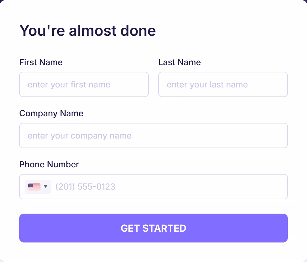 Emailable account setup form prompting users to enter their first name, last name, company name, and phone number before getting started.