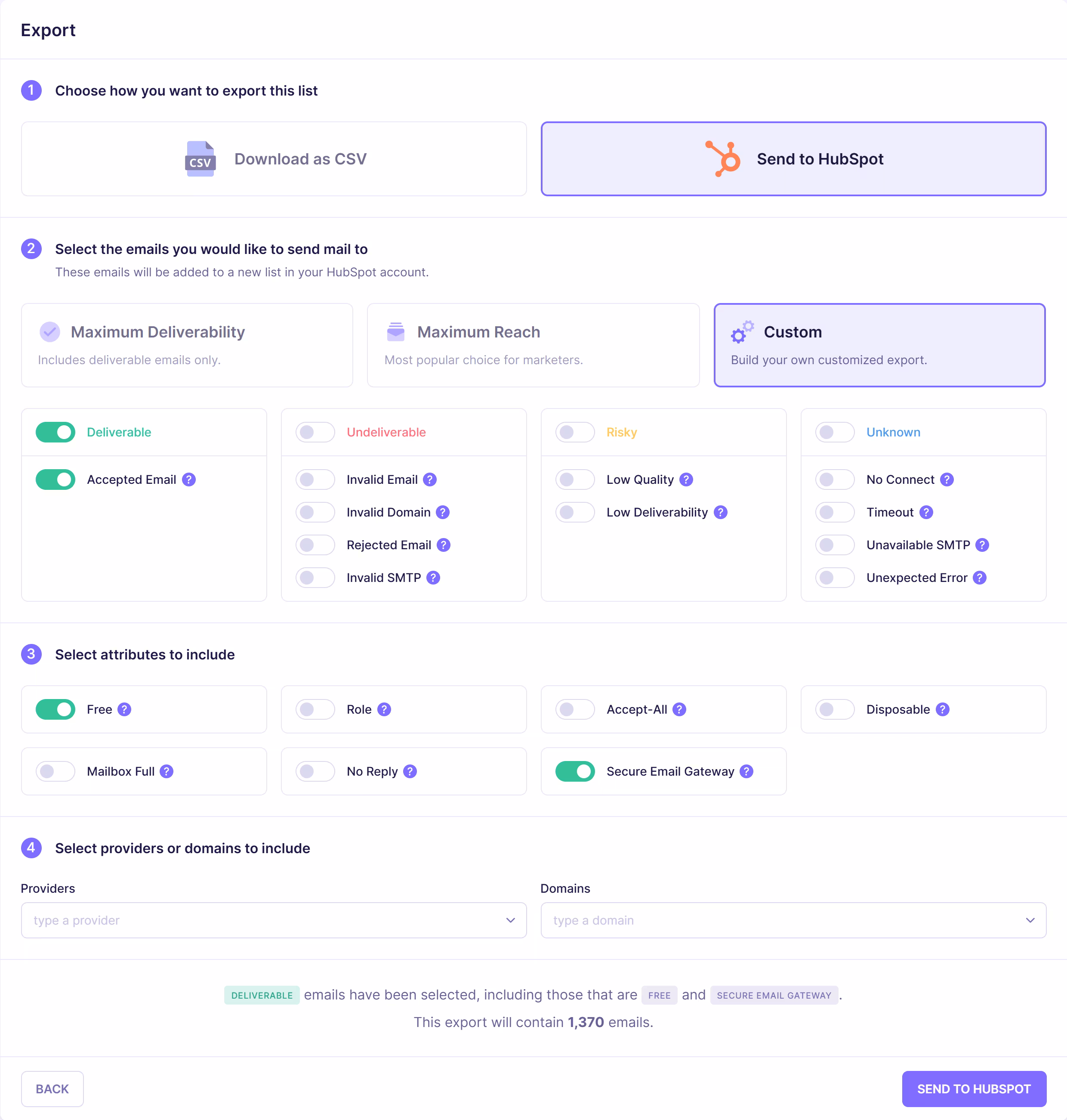 Emailable export settings for sending verified data back to HubSpot.