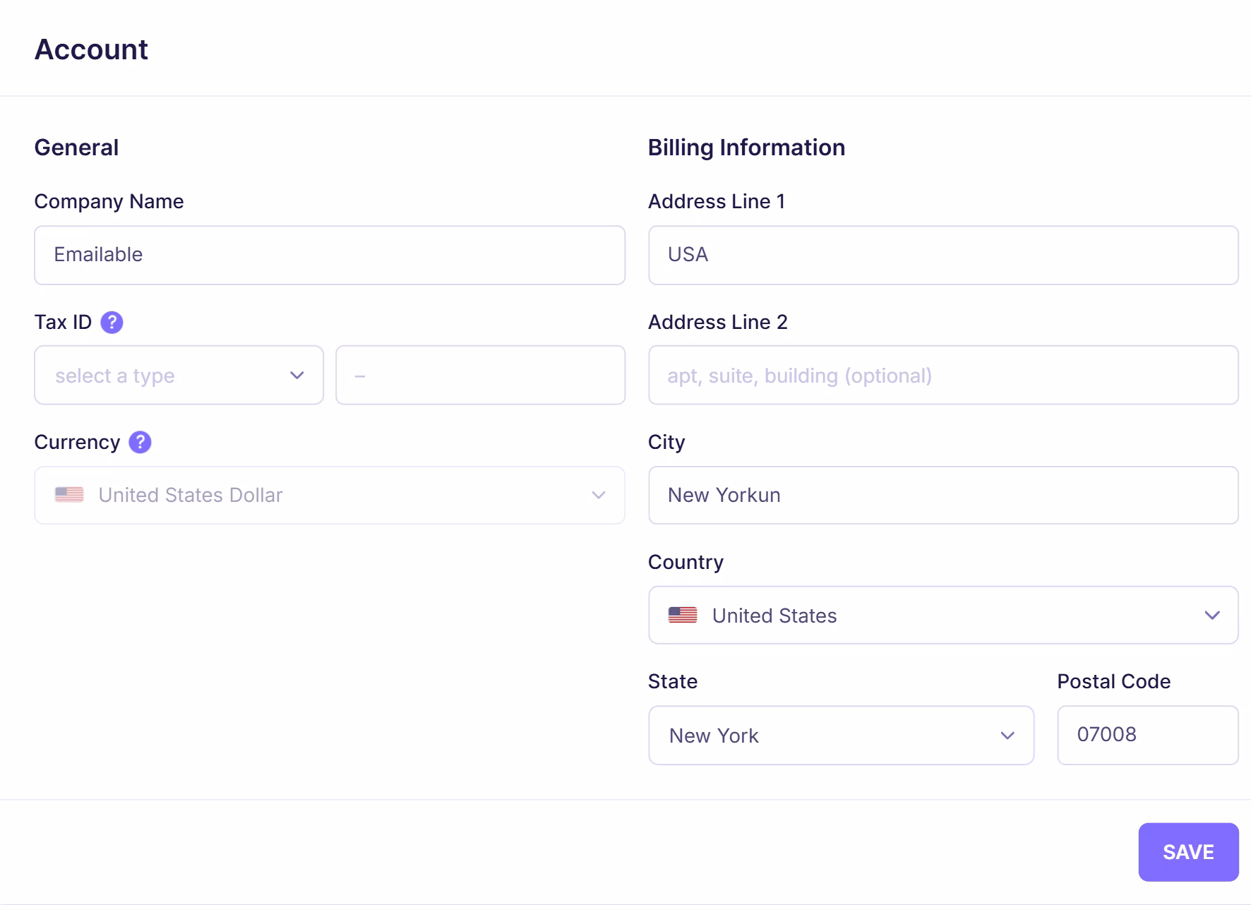 Emailable account billing information page showing company name, tax ID, currency selection, and full billing address form with save option.
