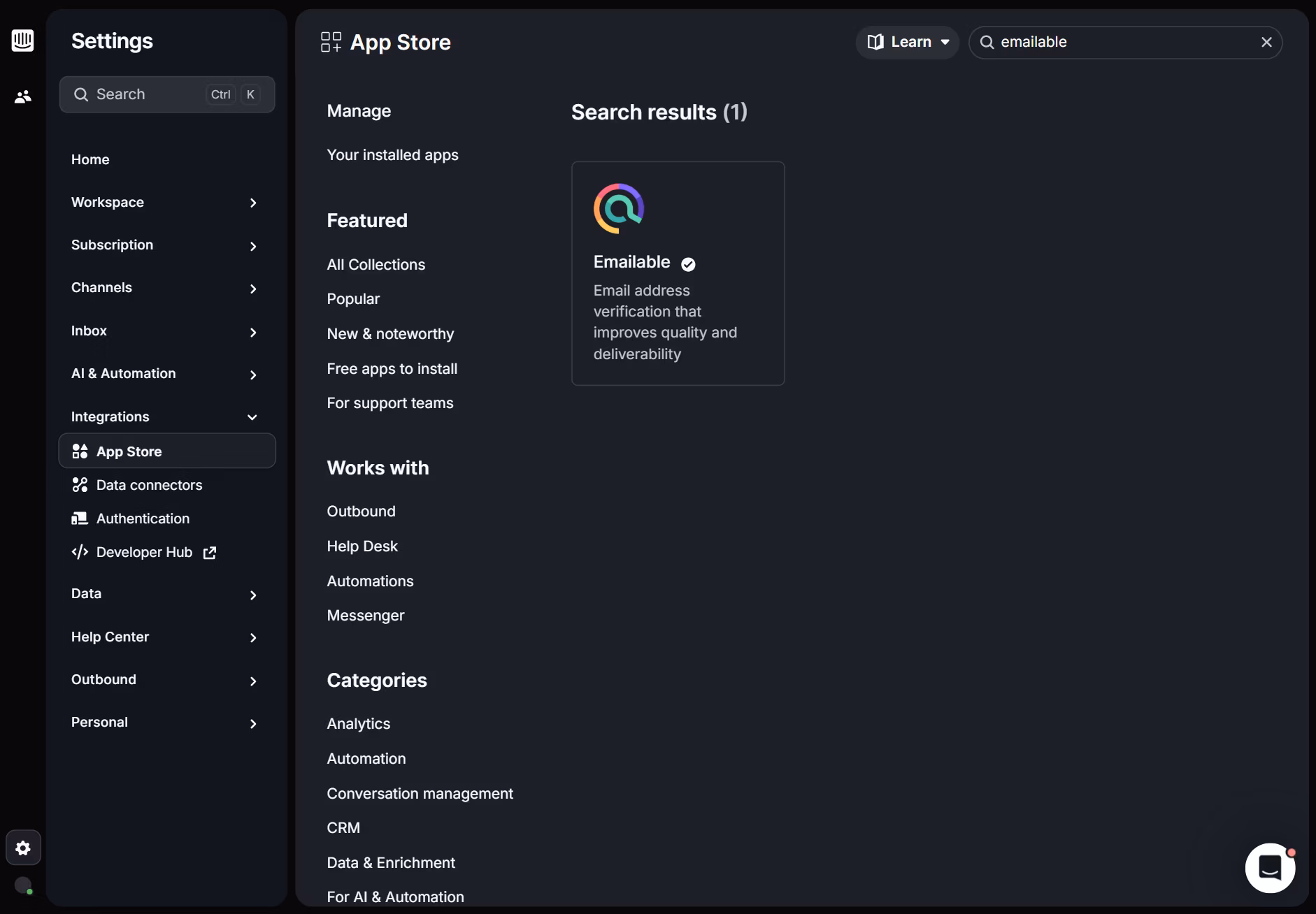 Intercom App Store page displaying the Emailable app with description, features, security details, and “Sign in to install” button for email verification integration.