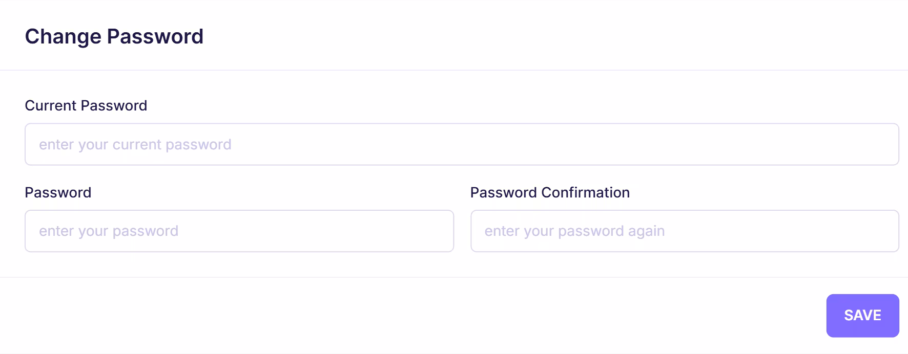 Emailable change password settings page with fields for current password, new password, and password confirmation, including a save button.
