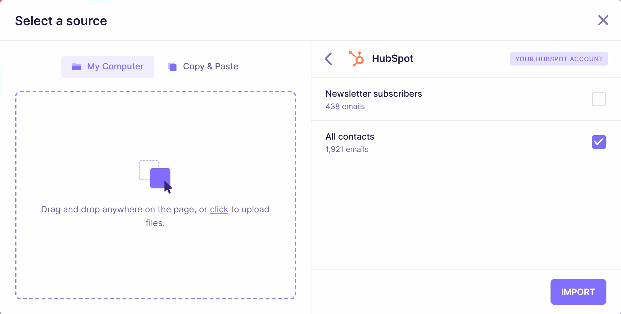 List selection interface within the HubSpot integration.