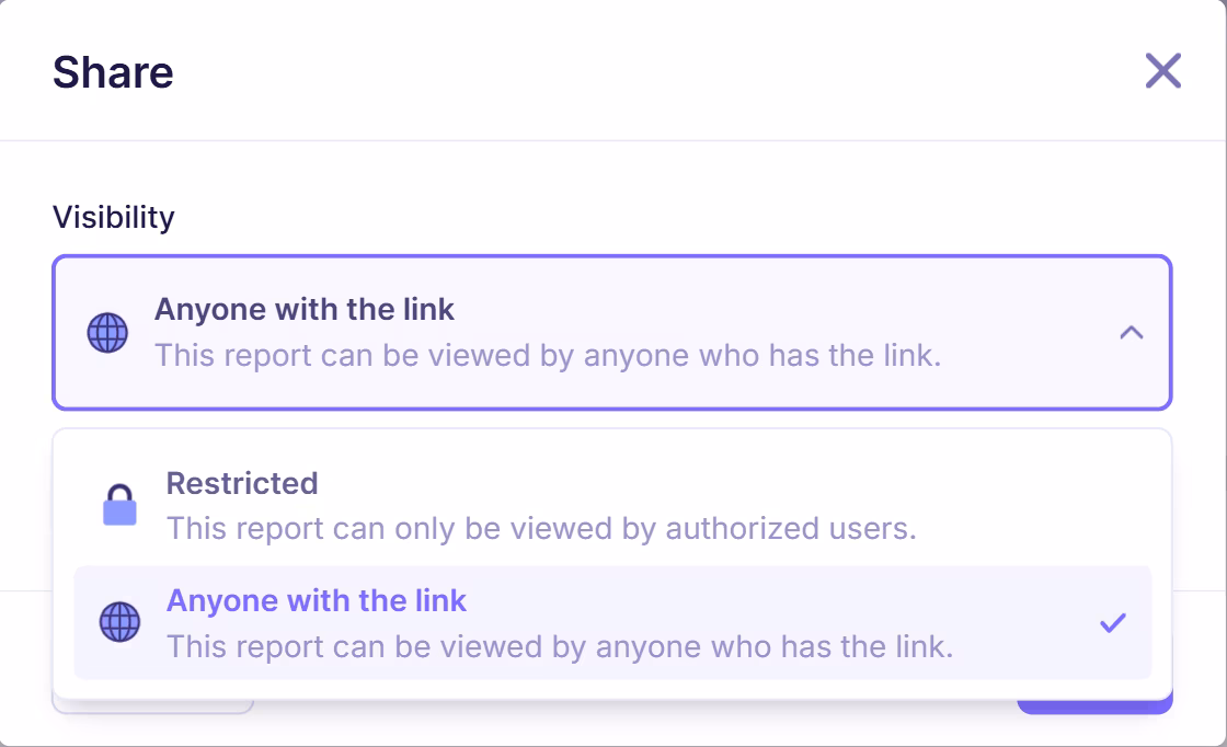 Emailable share settings modal with visibility set to “Anyone with the link,” allowing public access to the inbox report via a shareable link.