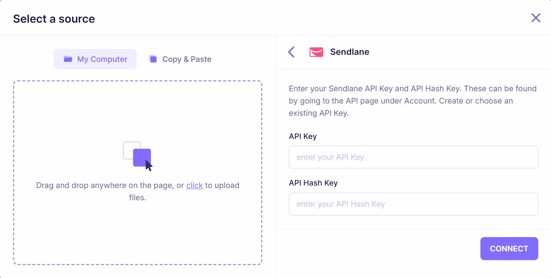 Sendlane integration setup screen prompting user to enter API key and API hash key to connect Sendlane account.