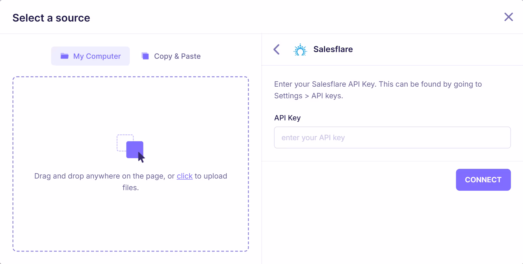 Salesflare integration setup screen prompting user to enter API key from Settings to connect CRM with email verification platform.