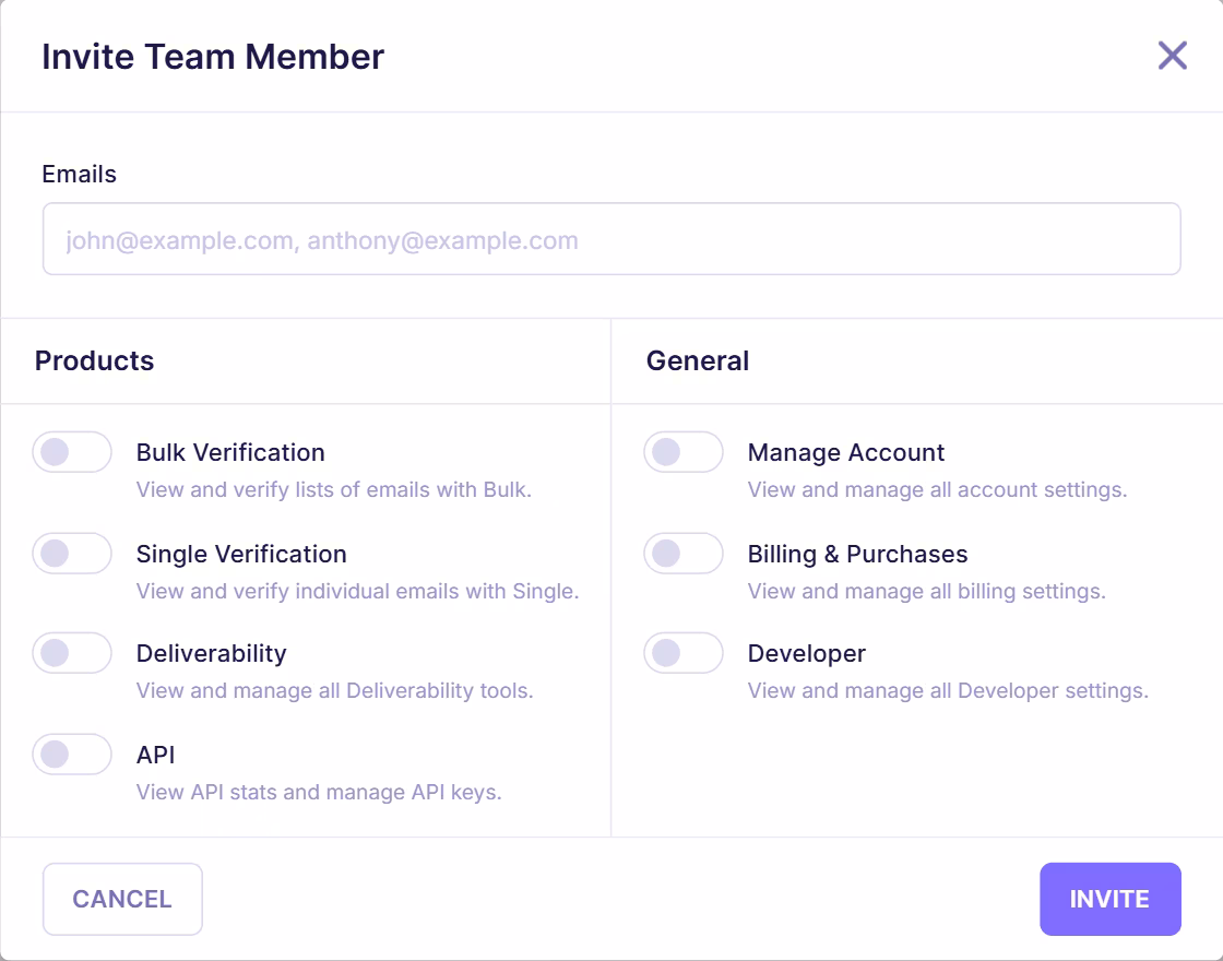 Emailable invite team member modal with email input field and permission toggles for products like bulk verification, single verification, deliverability, API, and general account access settings.