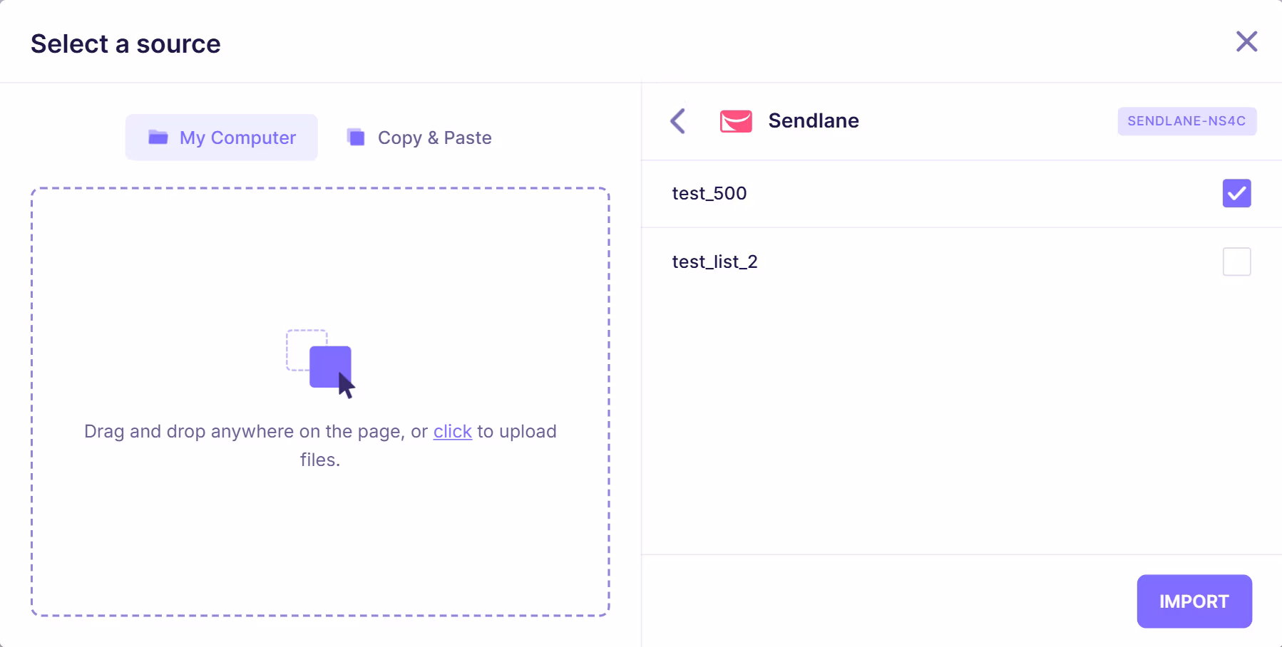 Sendlane integration screen displaying available email lists such as “test_500” and “test_list_2” with selection option for import.