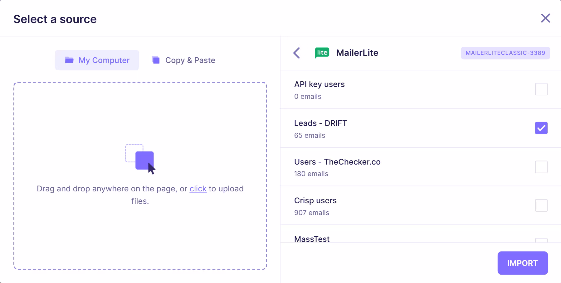 Email verification interface showing a connected Mailerlite and available lists to import