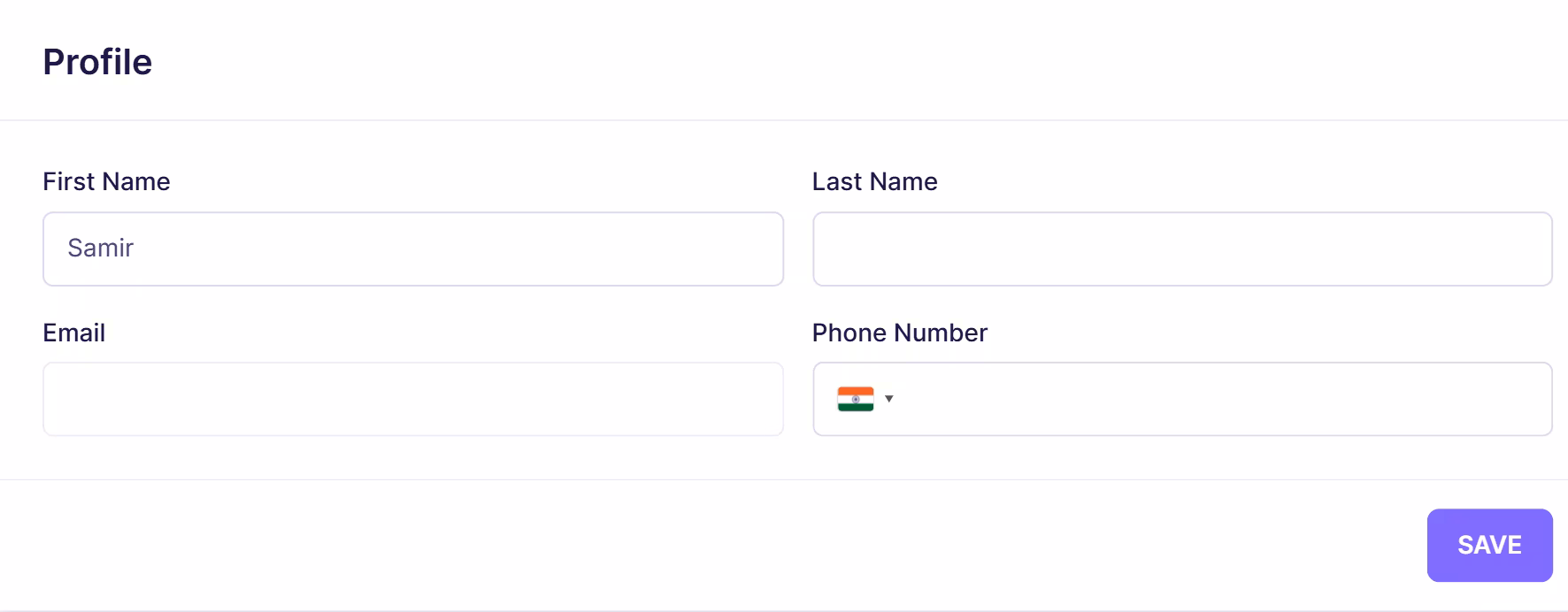 Emailable profile settings page showing user information form with fields for first name, last name, email address, and phone number, along with a save button.
