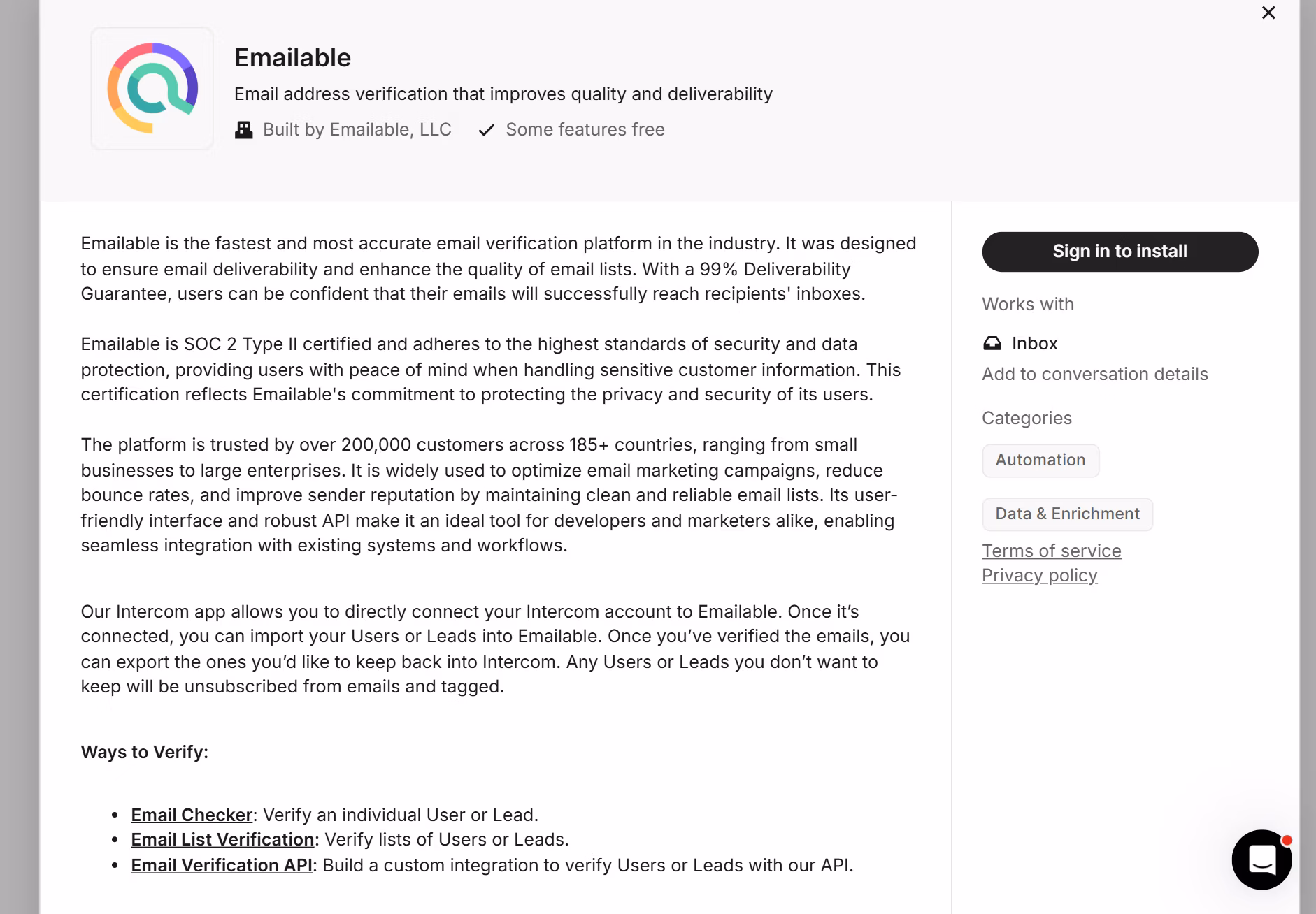 Intercom settings dashboard showing App Store search results with the Emailable email verification app card under integrations and automation categories.