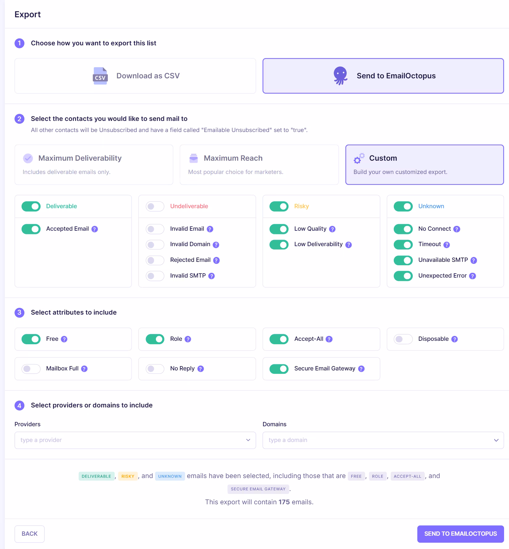 Export configuration screen allowing users to send verified email contacts back to EmailOctopus with filtering and attribute selection options.