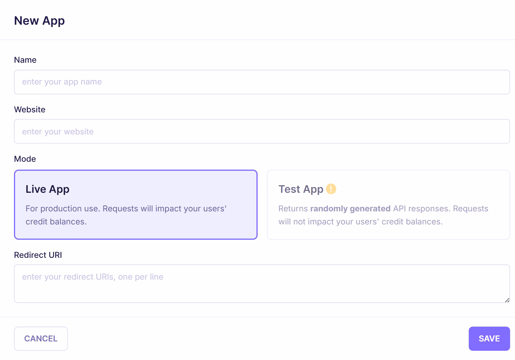 Emailable new app creation form with fields for app name, website URL, mode selection (live or test), and redirect URI input, along with save and cancel buttons.