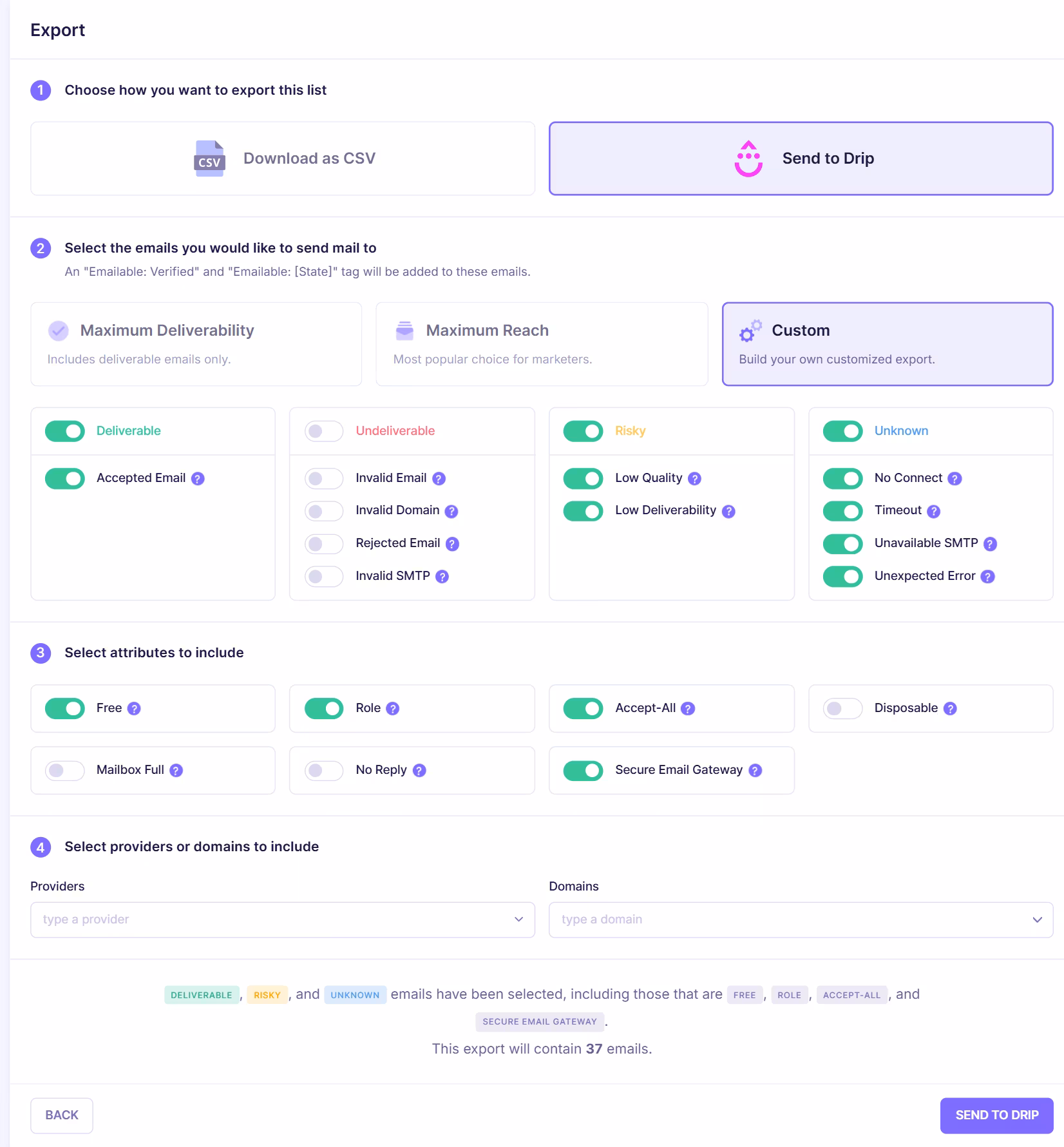 Export configuration screen allowing users to send verified emails to Drip with filtering options for deliverable, risky, and unknown email categories.
