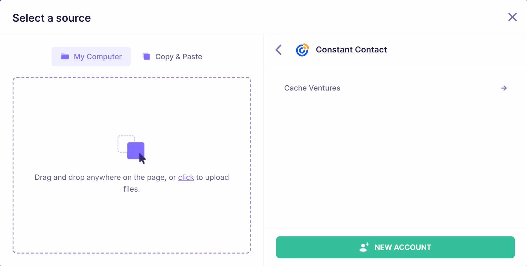 Emailable integration screen displaying a connected Constant Contact account labeled “Cache Ventures” with option to add a new account.