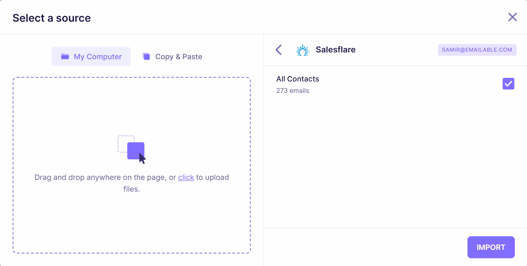 Salesflare integration screen displaying available contact list “All Contacts” with 273 emails and selection checkbox for import.