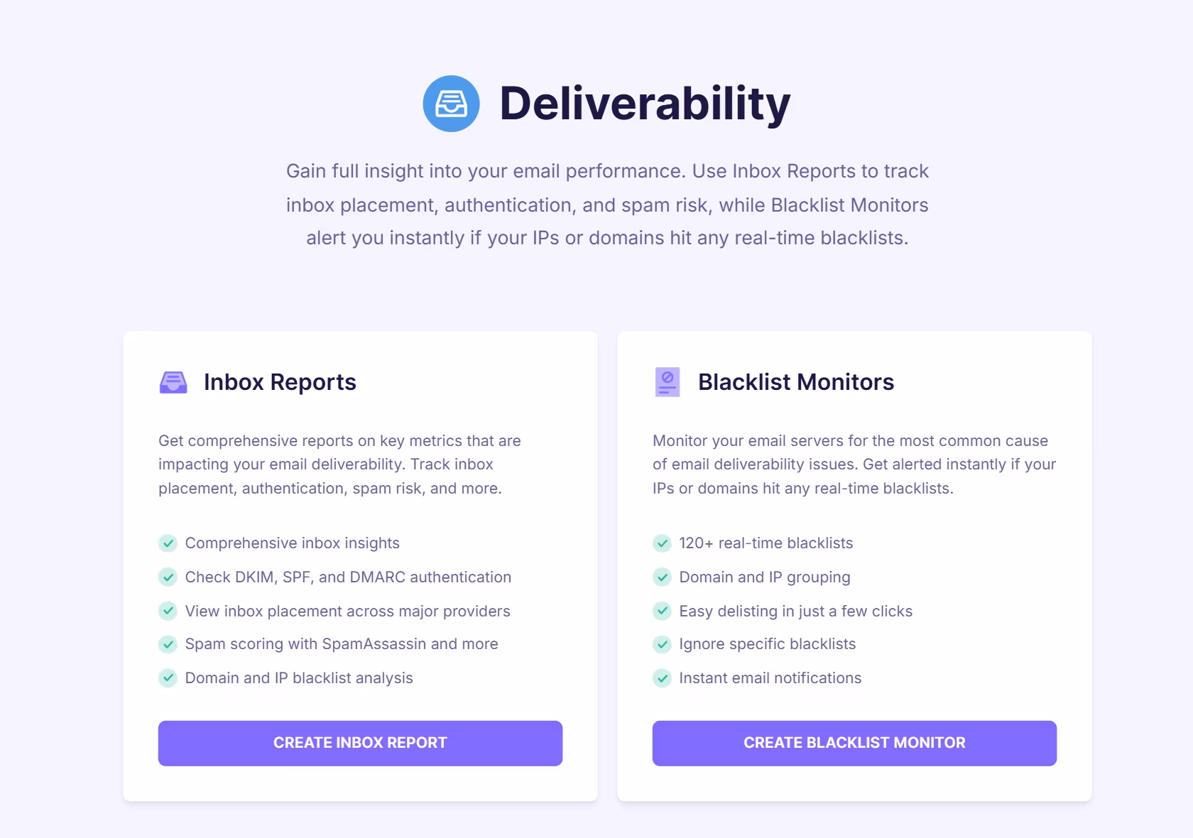 Emailable deliverability dashboard showing Inbox Reports and Blacklist Monitors features with options to create reports, check email authentication, and monitor domain or IP blacklist status.