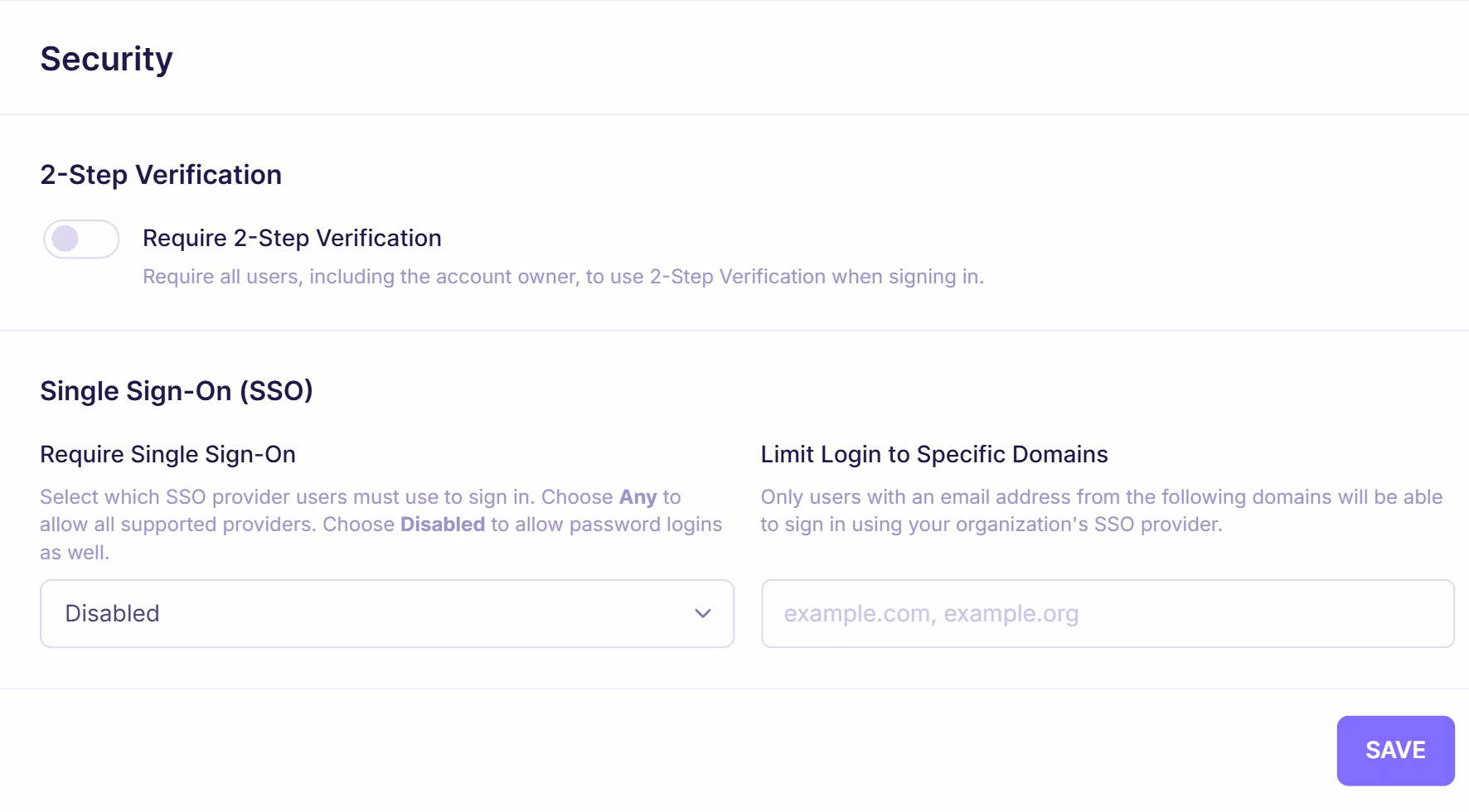 Emailable security settings page showing 2-step verification toggle, single sign-on (SSO) configuration dropdown, and domain restriction field for limiting login access.