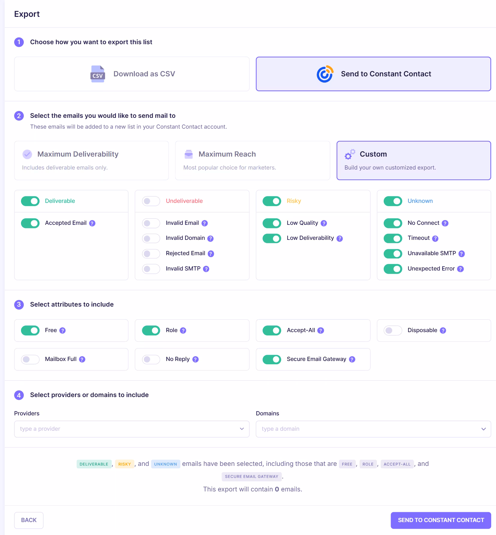 Email export configuration screen showing option to send verified emails to Constant Contact or download as CSV, with filters for deliverable, risky, and unknown email categories.