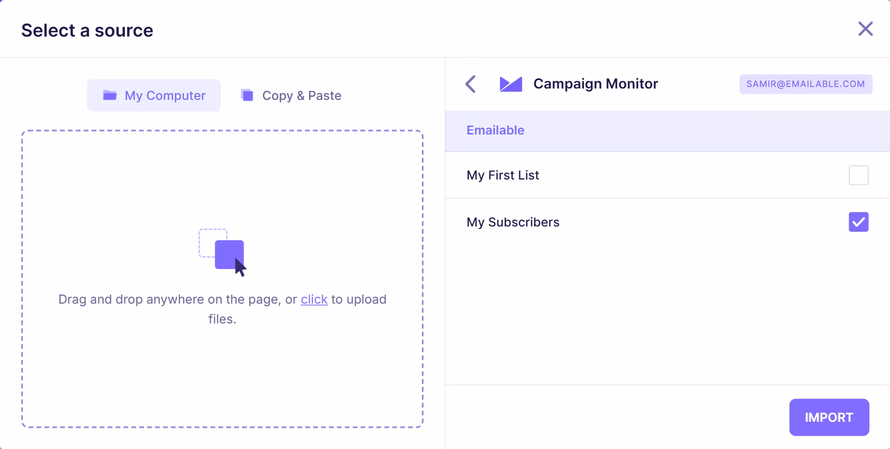 Email verification interface showing Campaign Monitor contact lists, including “My First List” and “My Subscribers,” with selection checkboxes for import.