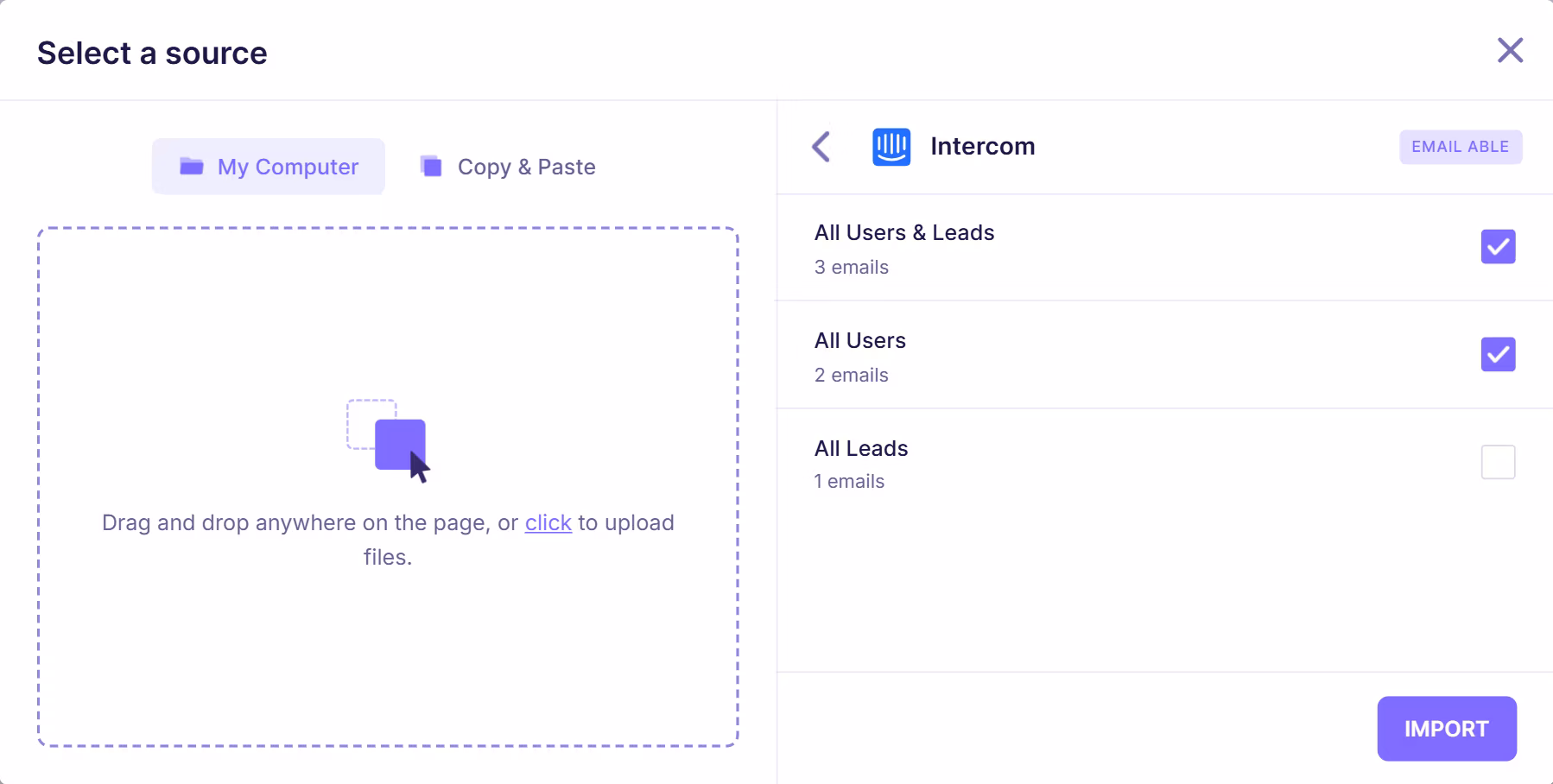 Intercom list selection screen showing available contact lists such as “All Users & Leads” and “All Users” with email counts and selection checkboxes.