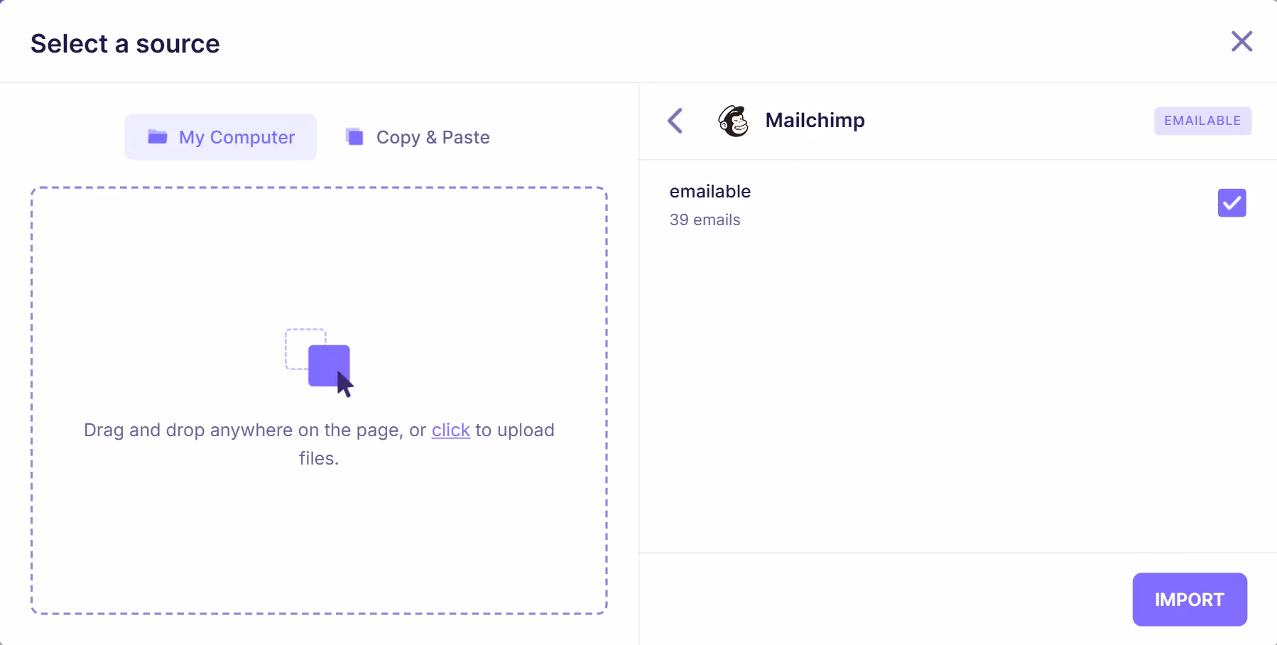 Email verification dashboard showing a Mailchimp audience list “emailable” with 39 emails selected for import and ready to proceed.