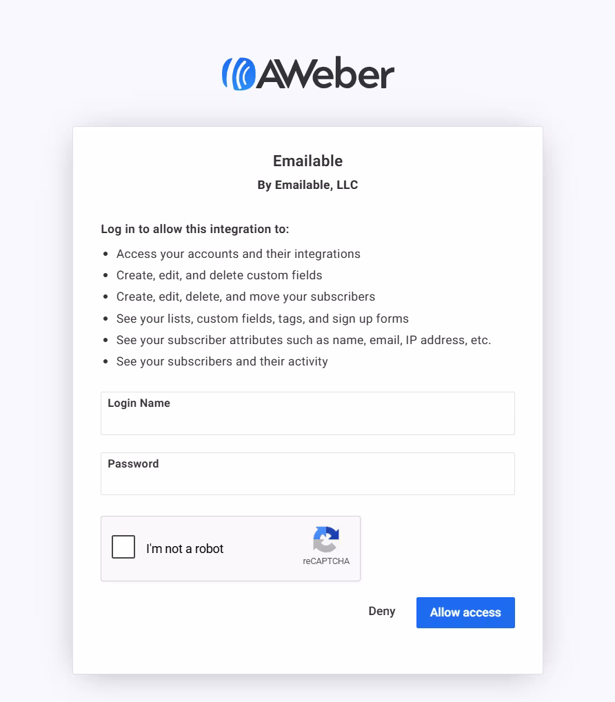 AWeber allow access to emailable integration