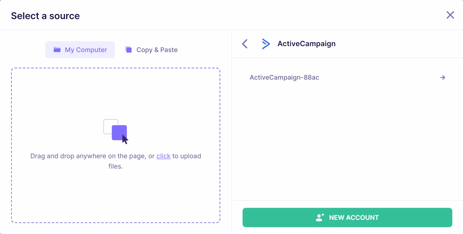 Emailable integration screen showing a successfully connected ActiveCampaign account with account name and option to add a new account.