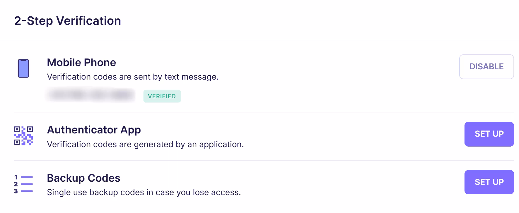 Emailable two-step verification setup page displaying mobile phone verification status, authenticator app setup option, and backup codes configuration for secure account access.