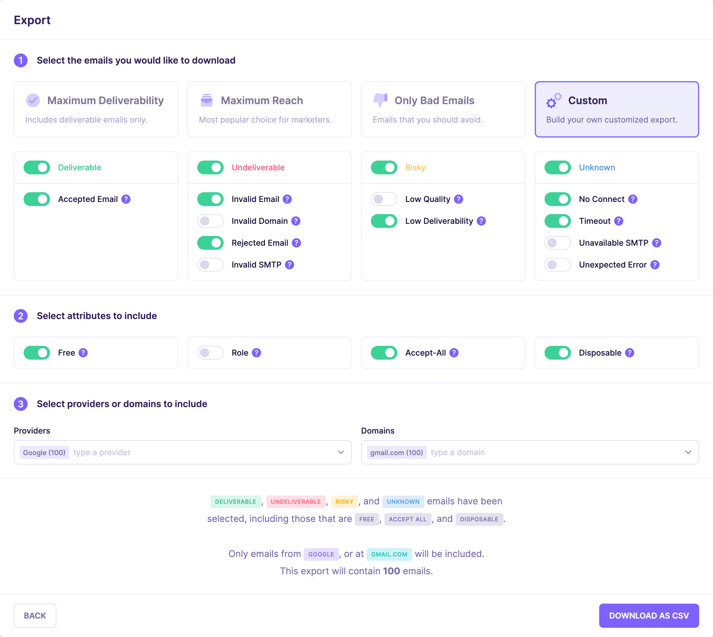 Widget de configuration pour l'exportation de listes en vrac