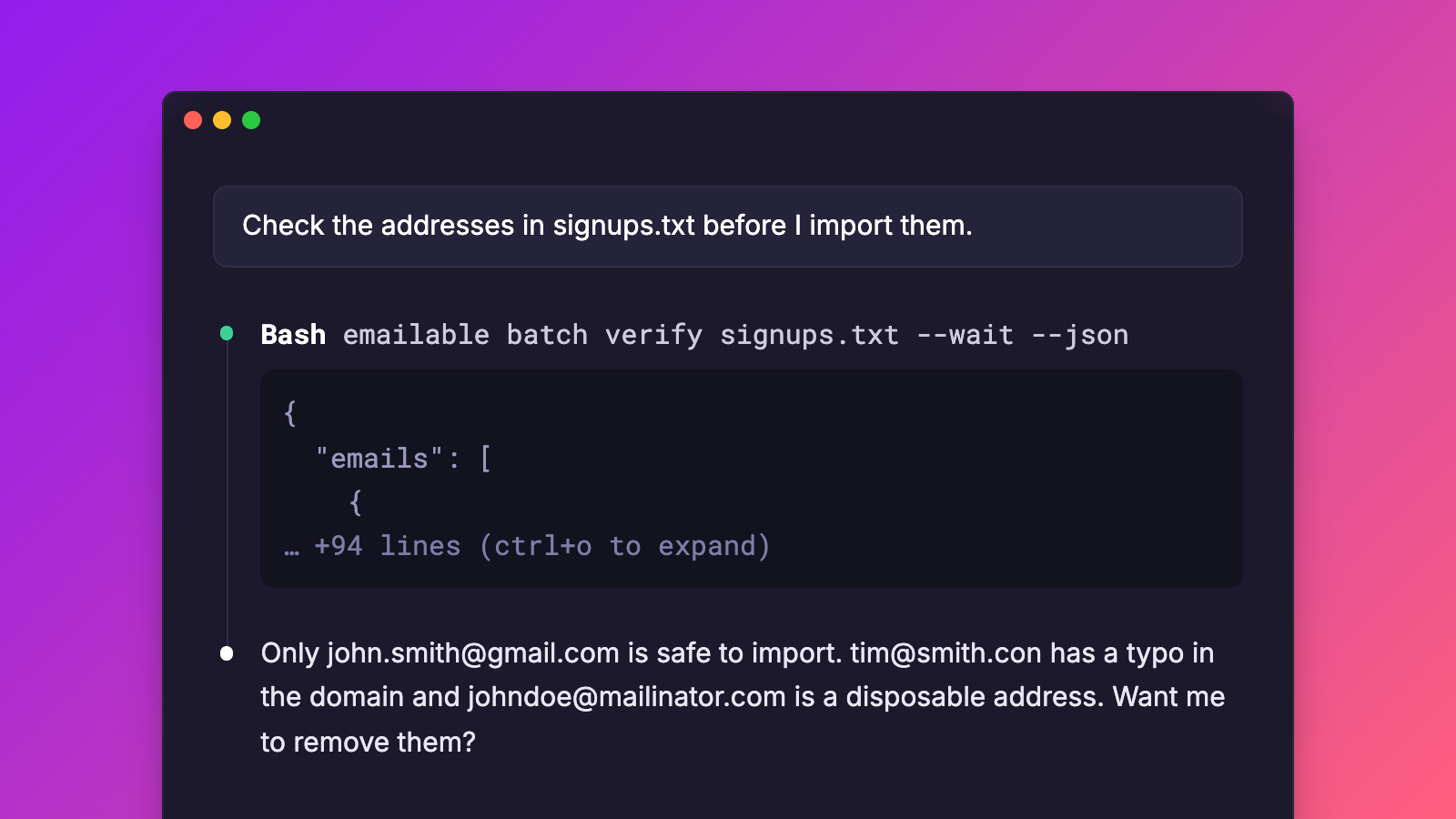 Ein KI-Agent, der eine Liste von E-Mail-Adressen in einem Terminal überprüft