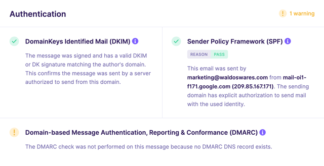 Schermata che mostra se DKIM, SPF e DMARC di un'email sono configurati correttamente