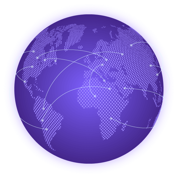 Globe avec plusieurs lignes arquées reliant différents continents