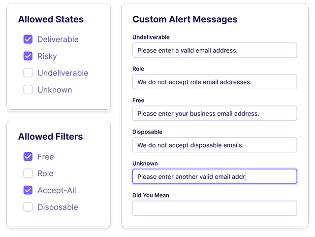 Tarjetas de interfaz de usuario con campos para establecer normas personalizadas y mensajes de alerta